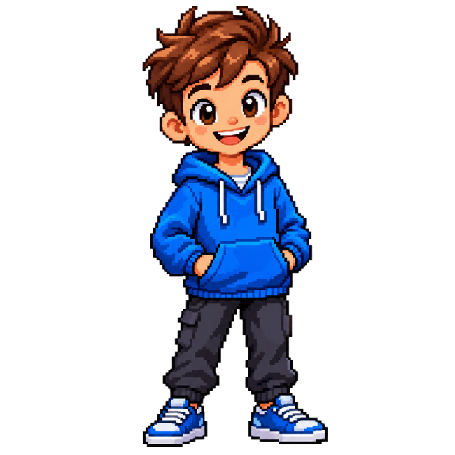 Pixelowy Piotrek w niebieskiej bluzie
